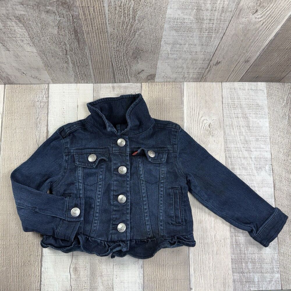 Levi's Ruffle Denim Trucker Jacket Girls Baby Size 12M Button Up Dark Wash Blue